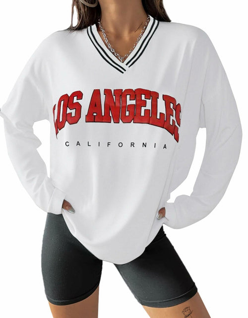 Load image into Gallery viewer, Hilinker Women's Oversized Graphic V Neck Long Sleeve Tee White Red Size L
