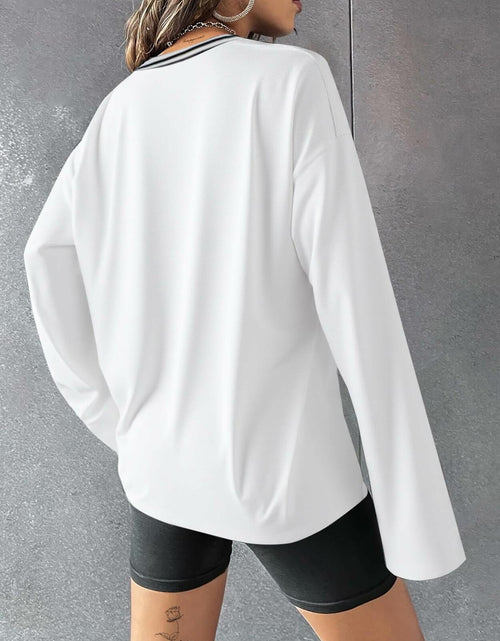 Load image into Gallery viewer, Hilinker Women's Oversized Graphic V Neck Long Sleeve Tee White Red Size L
