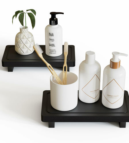ZGO Small Counter Set of 2 Decorative Vanity Tray Wooden Soap Holder Black