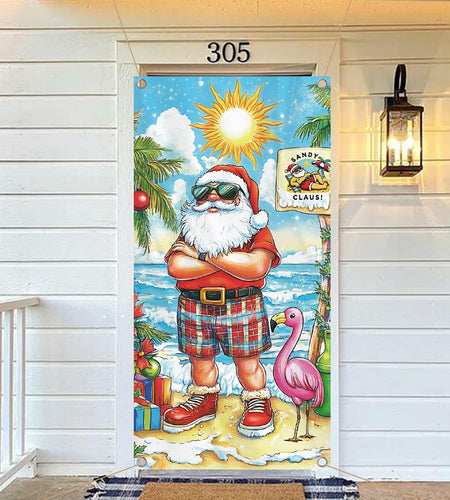 Buff Santa Hawaiian Beach Door Cover Summer Christmas Party Decoration