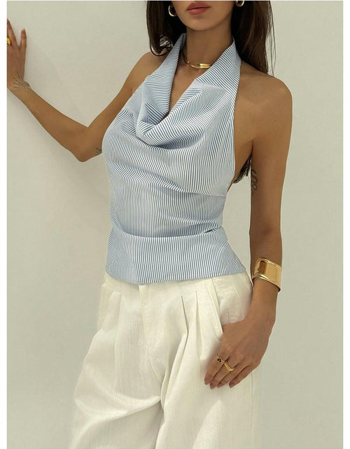Load image into Gallery viewer, SOLY HUX Women's Striped Deep V Neck Bow Tie Backless Halter Top Blue Size S
