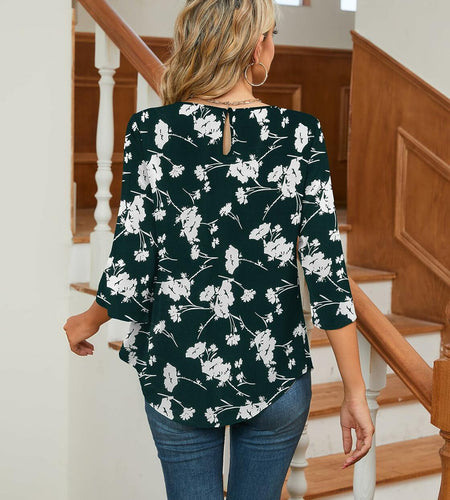 TASAMO Women's 3/4 Sleeve Loose Blouse Tunic Top Dark Green Size XX-Large