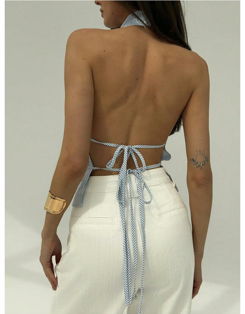 Load image into Gallery viewer, SOLY HUX Women's Striped Deep V Neck Bow Tie Backless Halter Top Blue Size S
