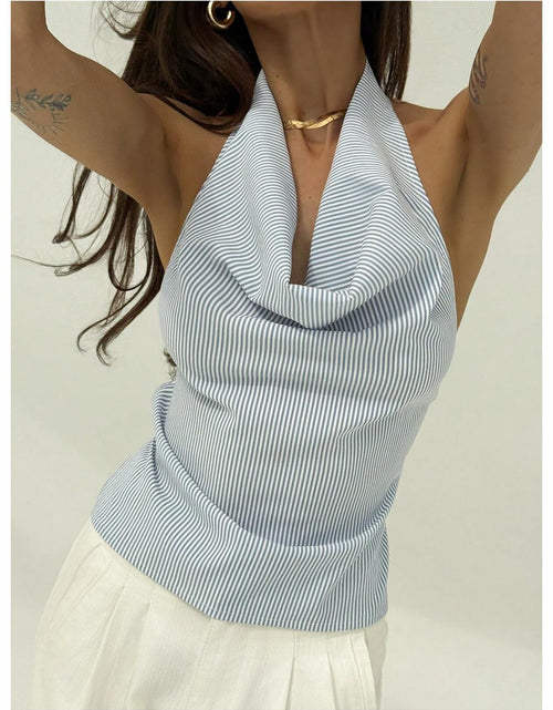 Load image into Gallery viewer, SOLY HUX Women's Striped Deep V Neck Bow Tie Backless Halter Top Blue Size S
