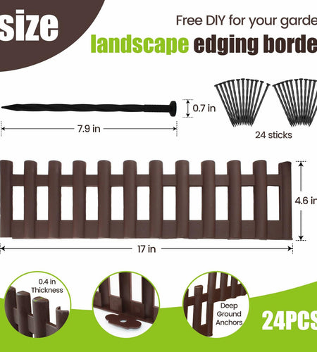 BuyAll Landscape Edging Border 17-Inch 24 Pack Brown Plastic Garden Fence