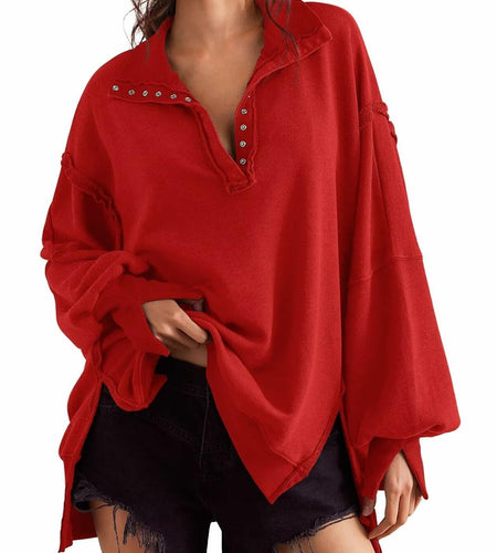 BWQ Women's Oversized Henley Sweatshirt Long Sleeve Pullover Red2 Size M