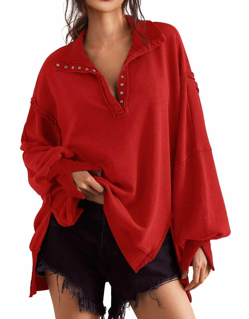 Load image into Gallery viewer, BWQ Women's Oversized Henley Sweatshirt Long Sleeve Pullover Red2 Size M
