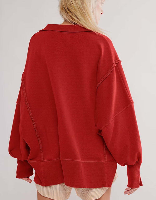 Load image into Gallery viewer, BWQ Women's Oversized Henley Sweatshirt Long Sleeve Pullover Red2 Size M
