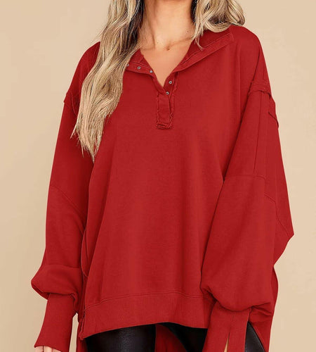 BWQ Women's Oversized Henley Sweatshirt Long Sleeve Pullover Red2 Size M