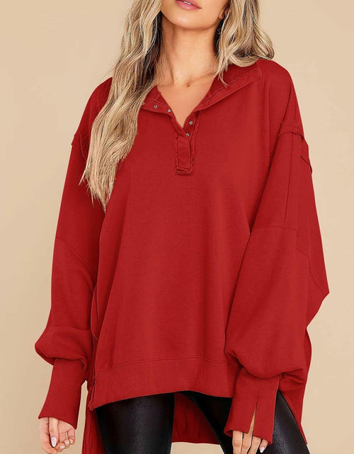 Load image into Gallery viewer, BWQ Women's Oversized Henley Sweatshirt Long Sleeve Pullover Red2 Size M
