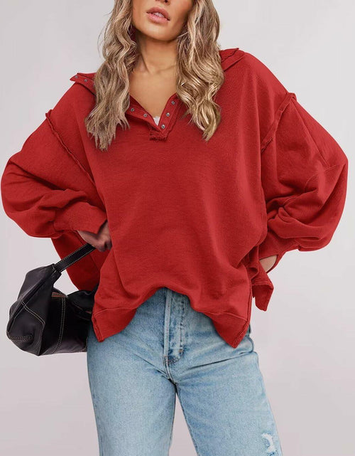 Load image into Gallery viewer, BWQ Women's Oversized Henley Sweatshirt Long Sleeve Pullover Red2 Size M
