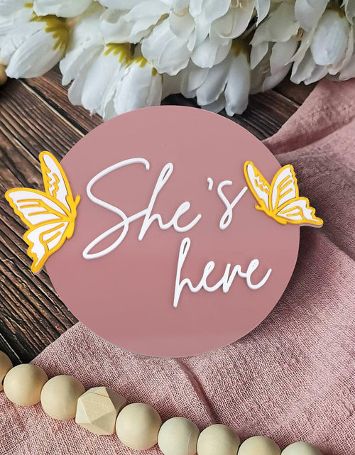 Load image into Gallery viewer, WAWUO She's Here Milestone Board Butterfly Gender Reveal Party Decor Acrylic
