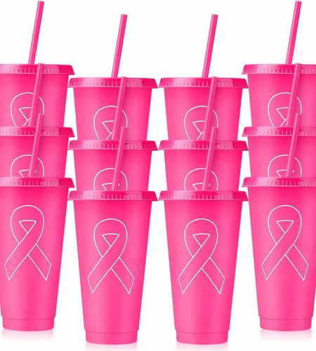 Bokon 24oz Breast Cancer Awareness Pink Tumblers with Straws 12 Pack