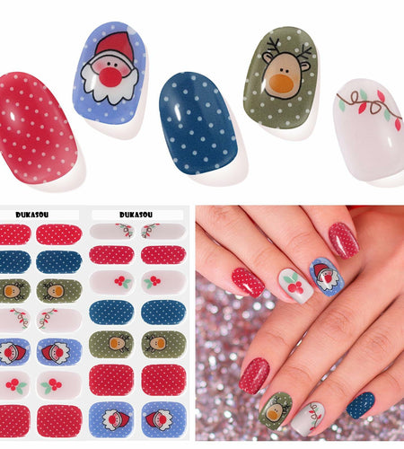 DUKASOU Christmas Semi Cured Gel Nail Strips Santa Claus 28 PCS UV Light