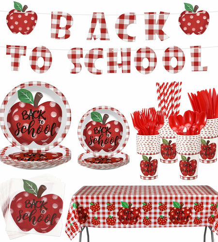 Zhehao 195 Pc Back to School Party Tableware Set Apple Red White Green