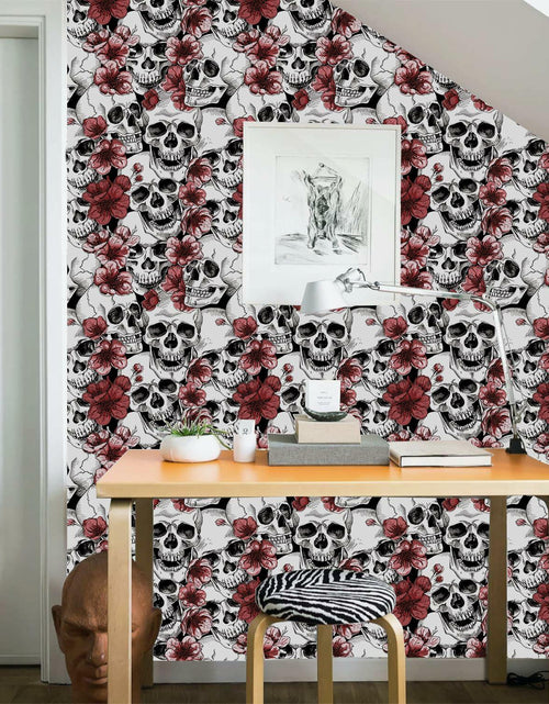 Load image into Gallery viewer, LwenSnow Halloween Skull Floral Peel Stick Wallpaper Red 17.3x236 Vinyl
