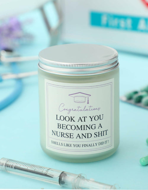 Load image into Gallery viewer, Conelist Nurse Graduation Scented Soy Candle Lavender 7oz Medical Theme
