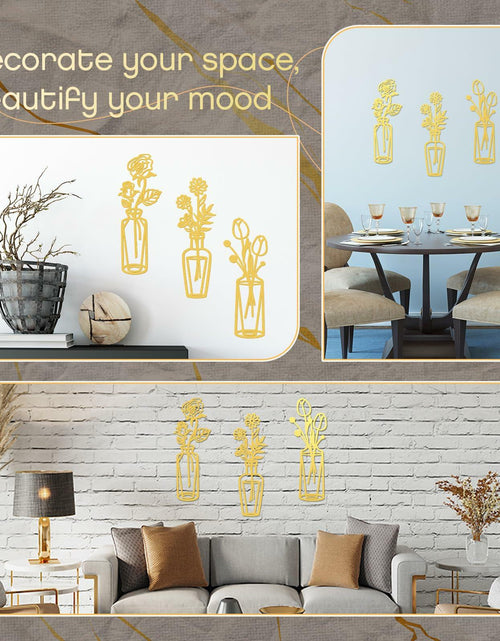 Load image into Gallery viewer, MorningRo 3 Pieces Metal Flowers Wall Decor Vase Rustic Farmhouse Gold
