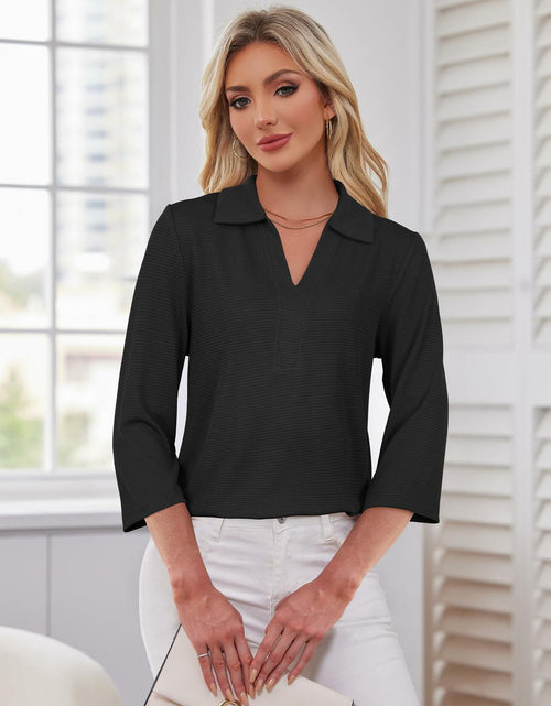 Load image into Gallery viewer, Uhiger Womens Spring Tunic Polo Shirt V Neck 3/4 Sleeve Black Size S
