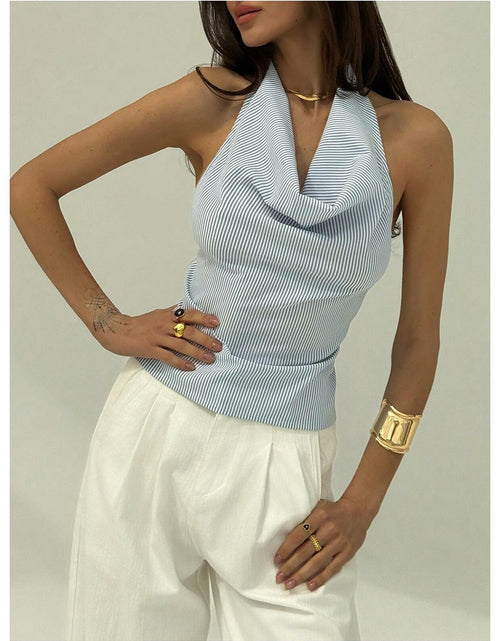 Load image into Gallery viewer, SOLY HUX Women's Striped Deep V Neck Bow Tie Backless Halter Top Blue Size S
