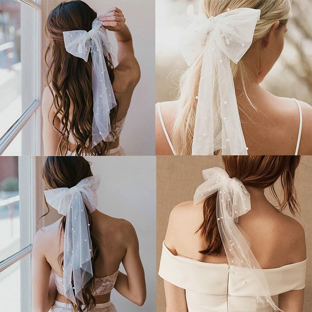 AKOAK White Bow Pearl Hairpin Wedding Tiara Hair Ornament 1 Pack