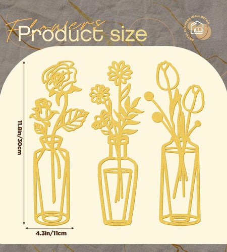 MorningRo 3 Pieces Metal Flowers Wall Decor Vase Rustic Farmhouse Gold