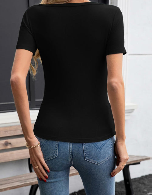 Load image into Gallery viewer, SANDERY Womens Slim Fit Ribbed T-Shirt Asymmetrical Neck Black Size M
