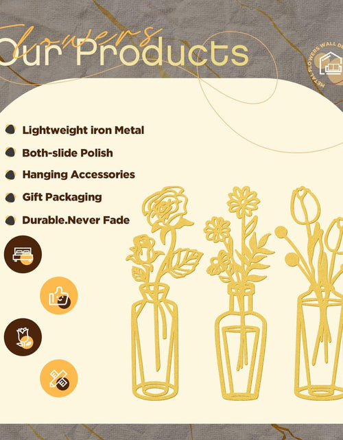 Load image into Gallery viewer, MorningRo 3 Pieces Metal Flowers Wall Decor Vase Rustic Farmhouse Gold
