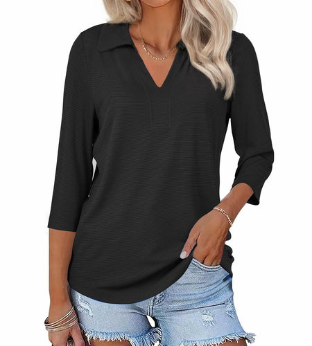Uhiger Womens Spring Tunic Polo Shirt V Neck 3/4 Sleeve Black Size S