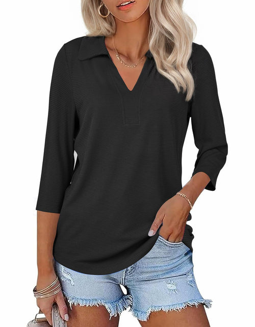 Load image into Gallery viewer, Uhiger Womens Spring Tunic Polo Shirt V Neck 3/4 Sleeve Black Size S

