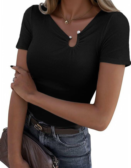 Load image into Gallery viewer, SANDERY Womens Slim Fit Ribbed T-Shirt Asymmetrical Neck Black Size M
