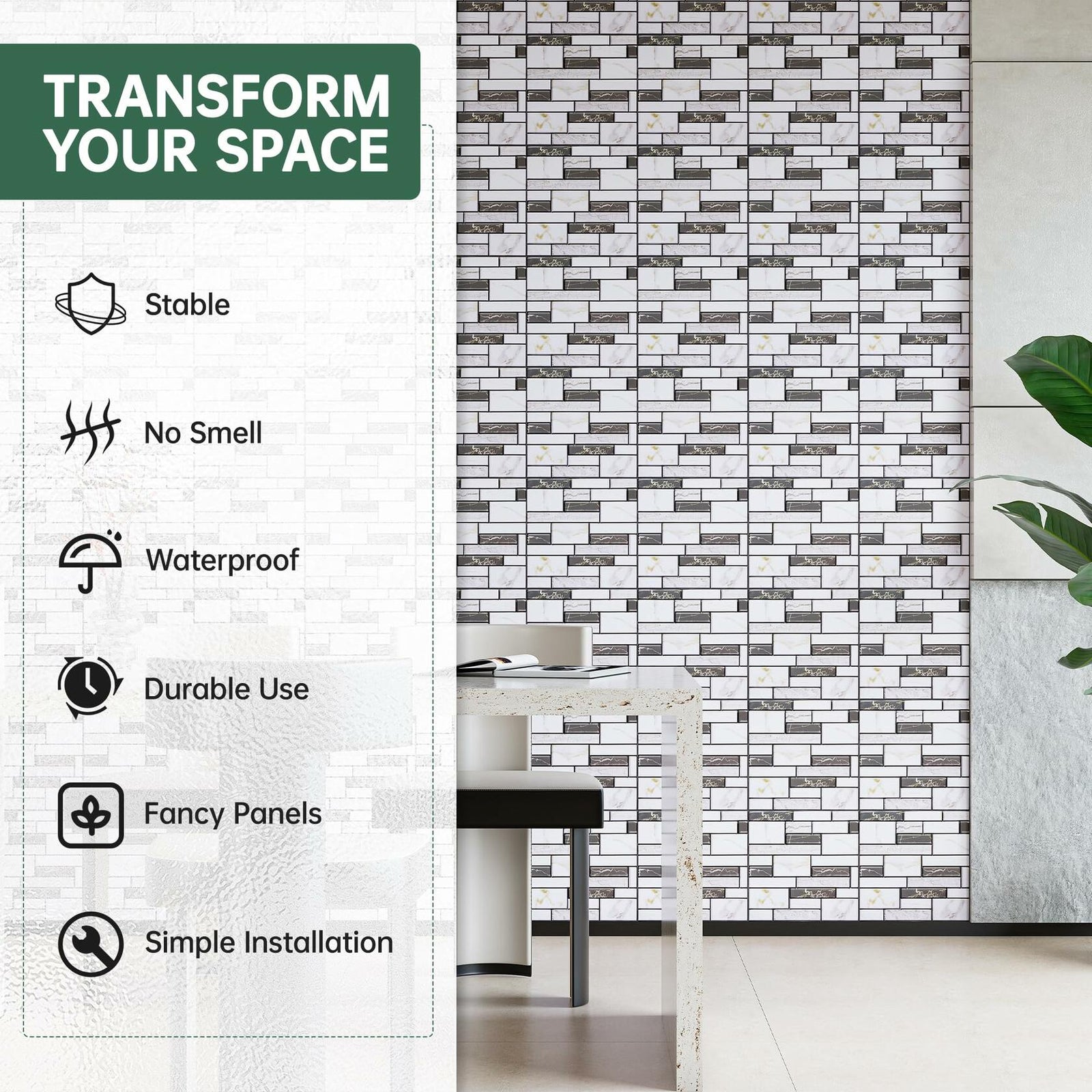 VallisCo 3D Faux Brick Wall Panel 12x12 Black White Marble 10 Pcs PVC