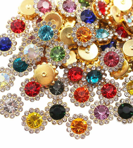 LICHLIN 100pcs 12mm Sunflower Claw Rhinestones Gold Base Mix Color