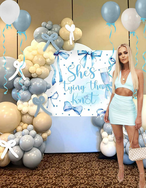 Load image into Gallery viewer, BACH AND BOUJEE She's Tying The Knot Backdrop Blue Bridal Shower Banner
