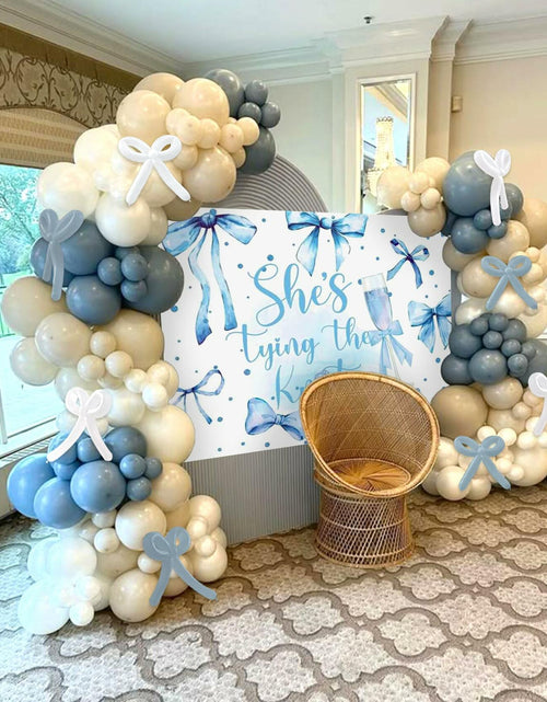 Load image into Gallery viewer, BACH AND BOUJEE She's Tying The Knot Backdrop Blue Bridal Shower Banner
