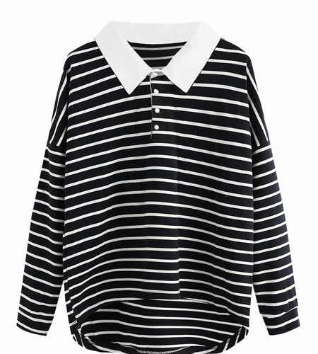 LilyCoco Women Long Sleeve Polo Striped Sweatshirt Black Size Small