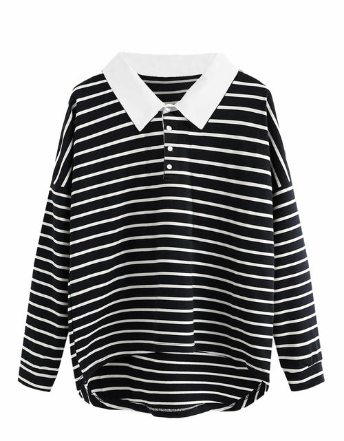 Load image into Gallery viewer, LilyCoco Women Long Sleeve Polo Striped Sweatshirt Black Size Small
