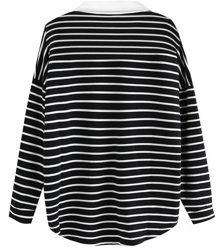 LilyCoco Women Long Sleeve Polo Striped Sweatshirt Black Size Small