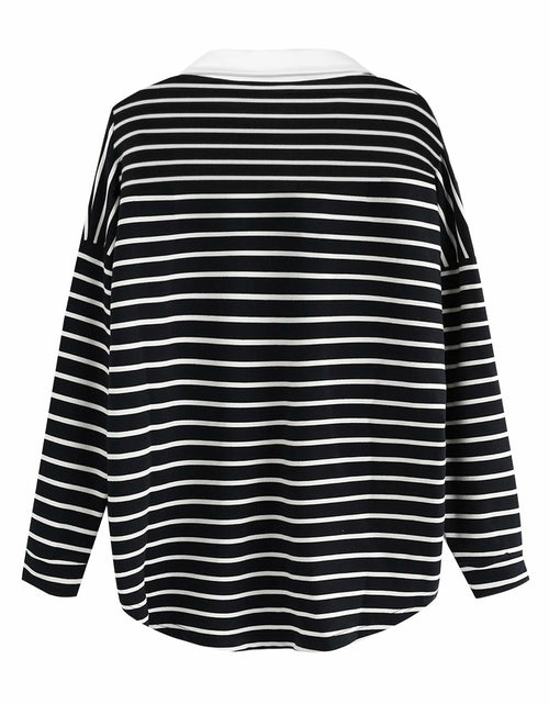 Load image into Gallery viewer, LilyCoco Women Long Sleeve Polo Striped Sweatshirt Black Size Small
