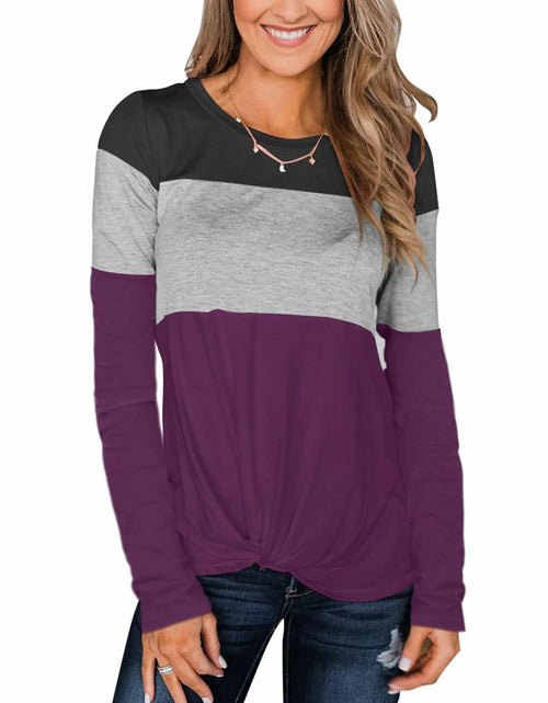 Load image into Gallery viewer, Minthunter Women's Long Sleeve Color Block T Shirt Black-GR-Purple Size L
