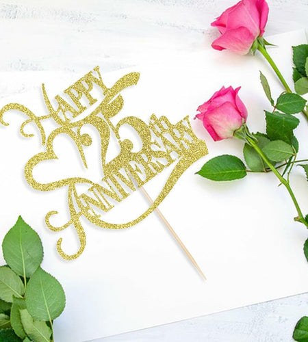 Yetxel Gold Glitter 25th Anniversary Cake Topper - 25th Wedding Anniversary