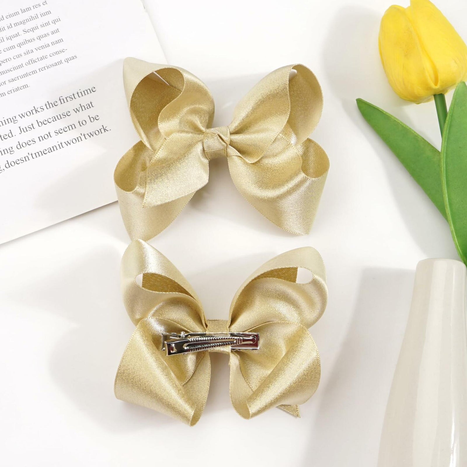 CÉLLOT 4.5" Shining Gold Hair Bows Alligator Clips 2 Pack