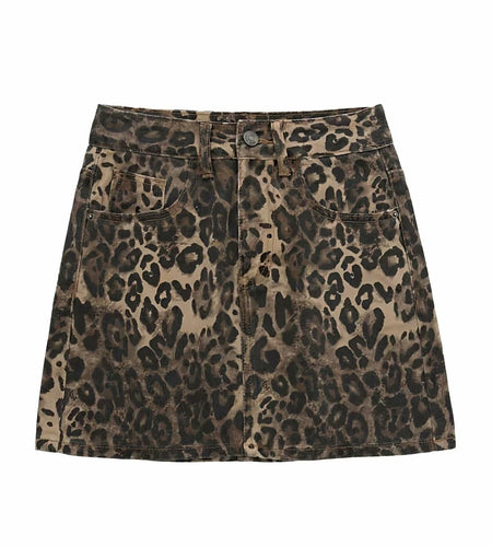 TYSSEDAL Women's Leopard Print Denim Mini Skirt High Waisted Small
