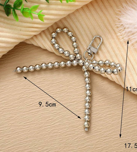 WJR Pearl Bow Bead Keychain Charm Elegant Bowknot Keyring Silver