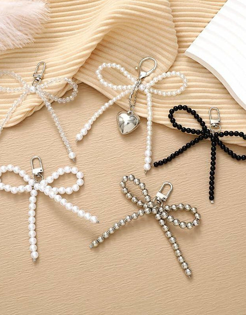 Load image into Gallery viewer, WJR Pearl Bow Bead Keychain Charm Elegant Bowknot Keyring Silver
