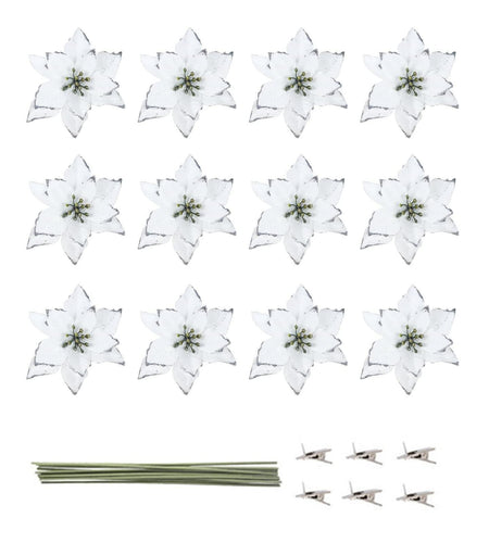 KEPATO Christmas Glitter Poinsettia Christmas Tree Ornaments Pack of 12 (White)