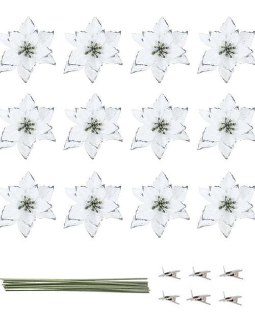 Load image into Gallery viewer, KEPATO Christmas Glitter Poinsettia Christmas Tree Ornaments Pack of 12 (White)
