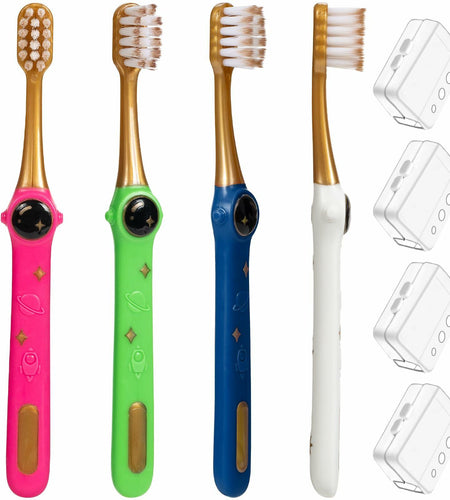 PRASBURR Toddler Toothbrush 4-Pack Galactic Adventures Soft Bristles Age 2-4+