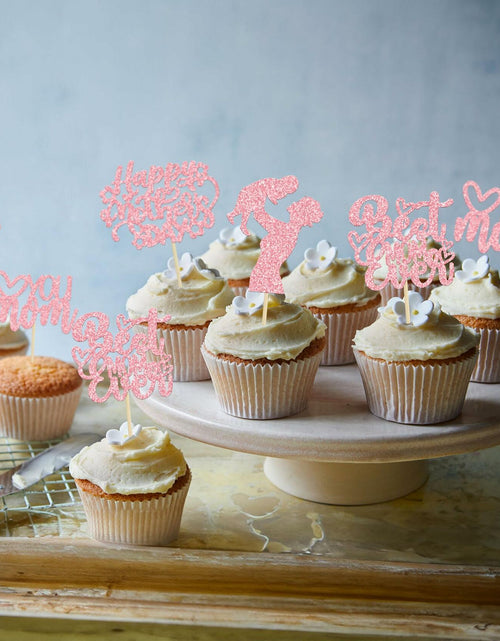 Load image into Gallery viewer, Gyufise 24-Pack Pink Mother’s Day Cupcake Toppers Love You Mom Cake Picks

