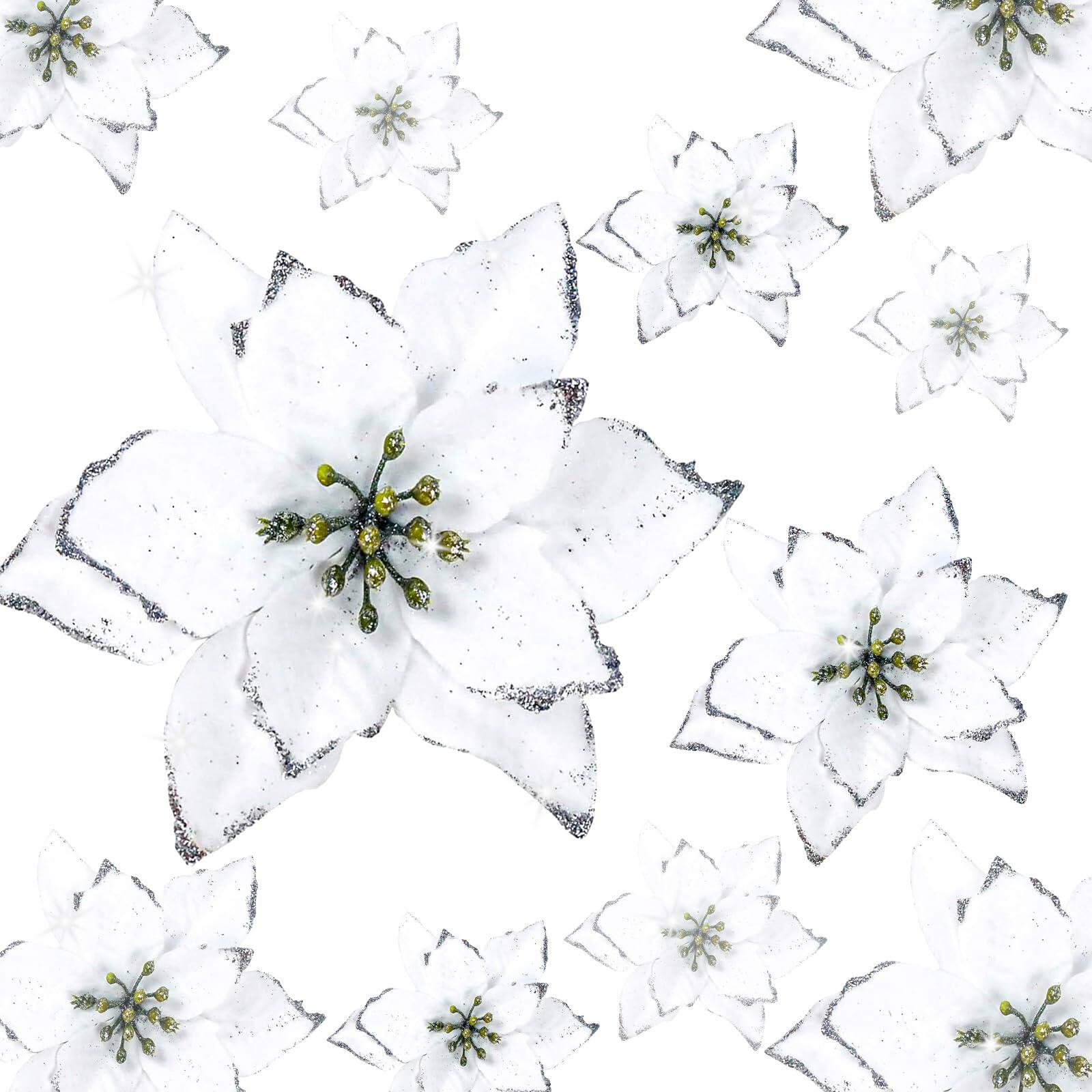 KEPATO Christmas Glitter Poinsettia Christmas Tree Ornaments Pack of 12 (White)
